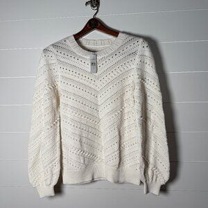 LOFT Cream Open-Knit Crewneck Sweater